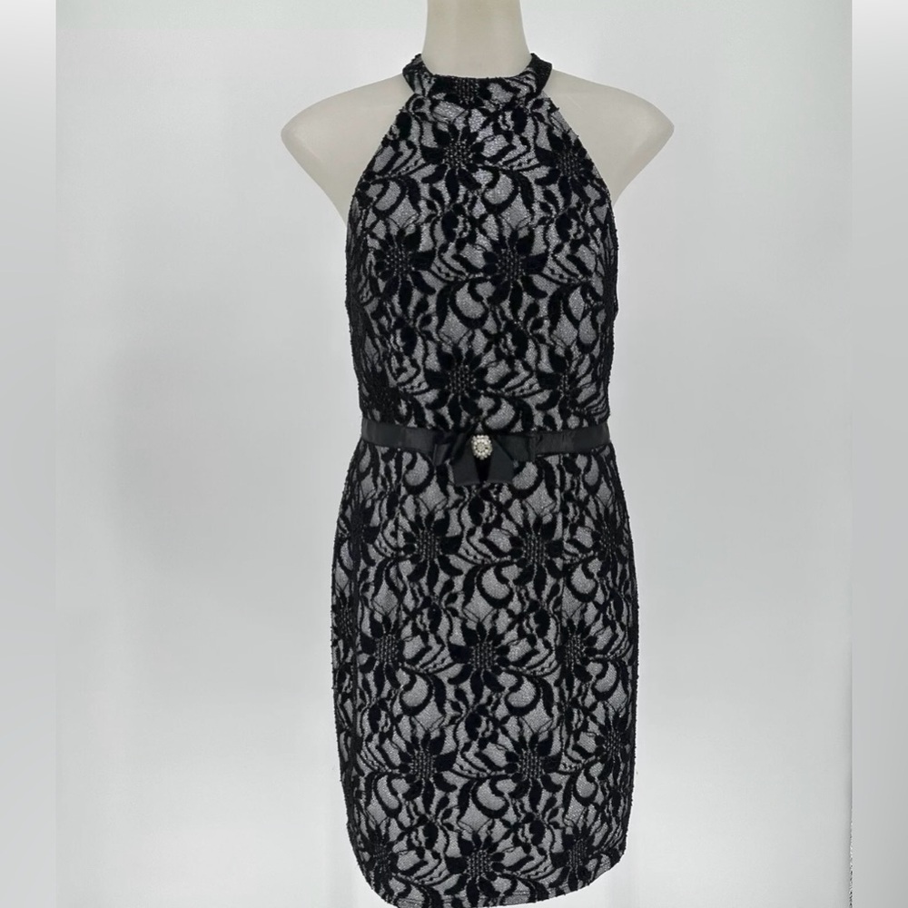 City Studio Lace Overlay Dress 7 Black/silver Social Open Back Ribbon Em…